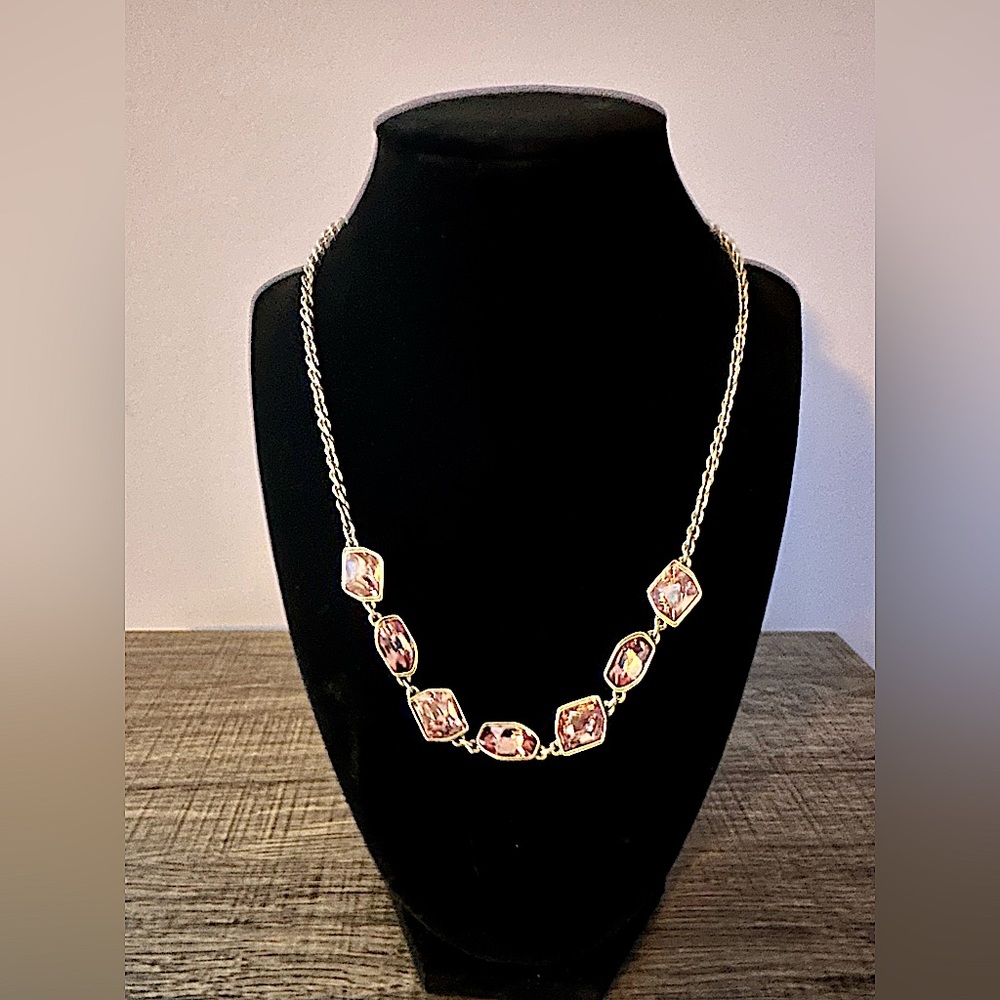 Touchstone Crystal brushed silver necklace with light pink crystals.